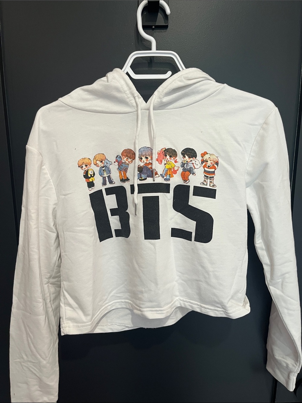White BTS Graphic Cropped Hoodie